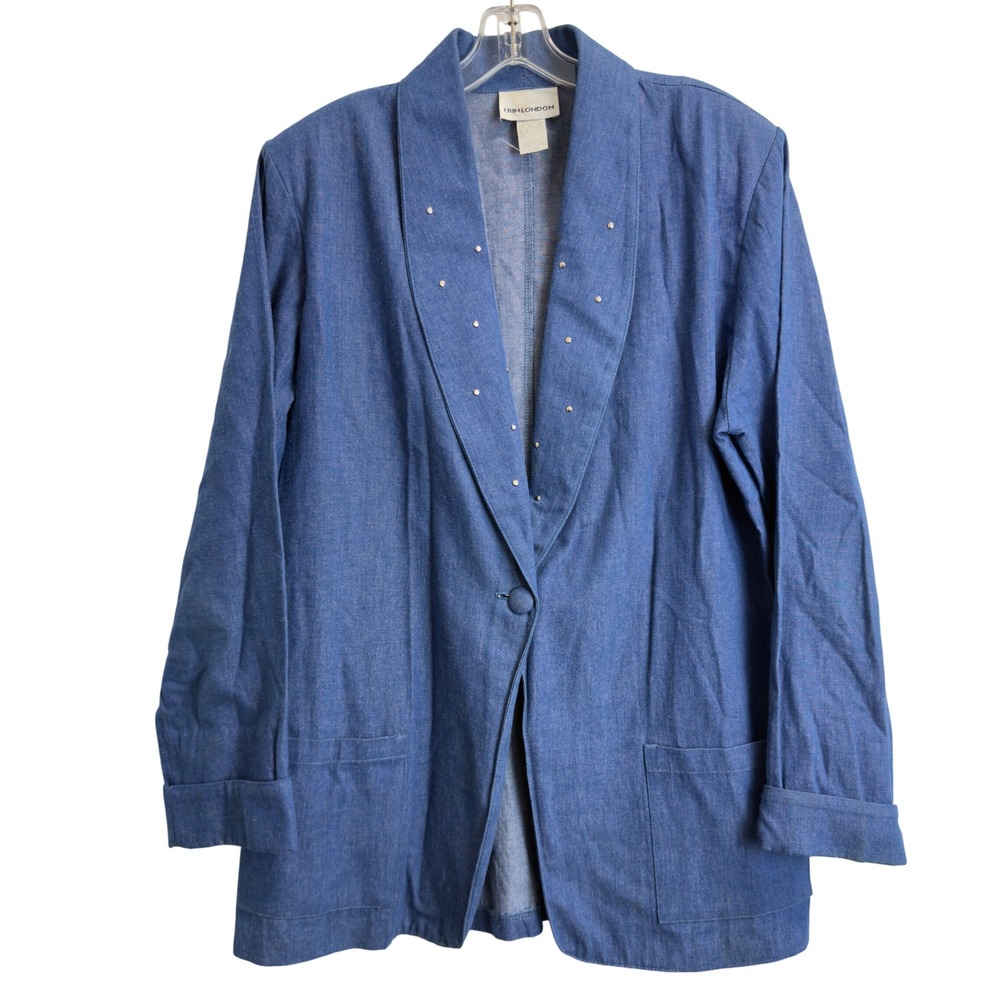 Erin London Vintage‎ Denim Studded Shawl Blazer Jacket Blue Jean Size M Made USA
